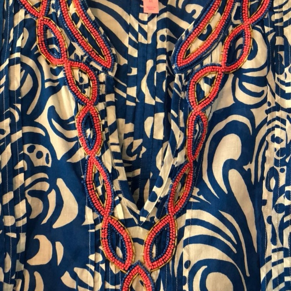 Lilly Pulitzer “Sarasota” Blue and White Swirl Tunic with Beaded Trim - Picture 2 of 4